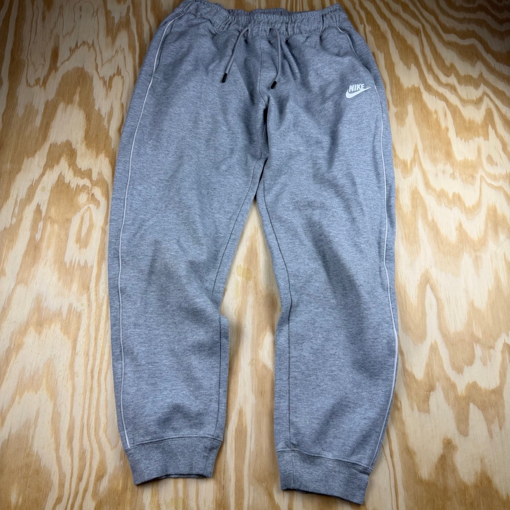 Nike Mens Sportswear Joggers Gray Fleece Sweatpants White Piping Small